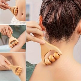 Natural Wood Triple Ball Massager – Handheld Acupressure Roller for Body Muscle Relaxation & Blood Circulation