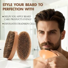 Natural Boar Bristle Beard Brush, Wooden Handle Men’s Grooming Tool for Beard Styling & Cleaning