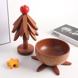 Sapele Wood Christmas Tree Table Coaster with Red Apple Topper