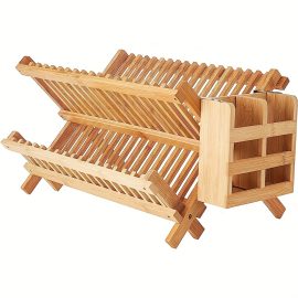 2-Layer Foldable Bamboo Kitchen Dish Drainer & Utensil Organizer